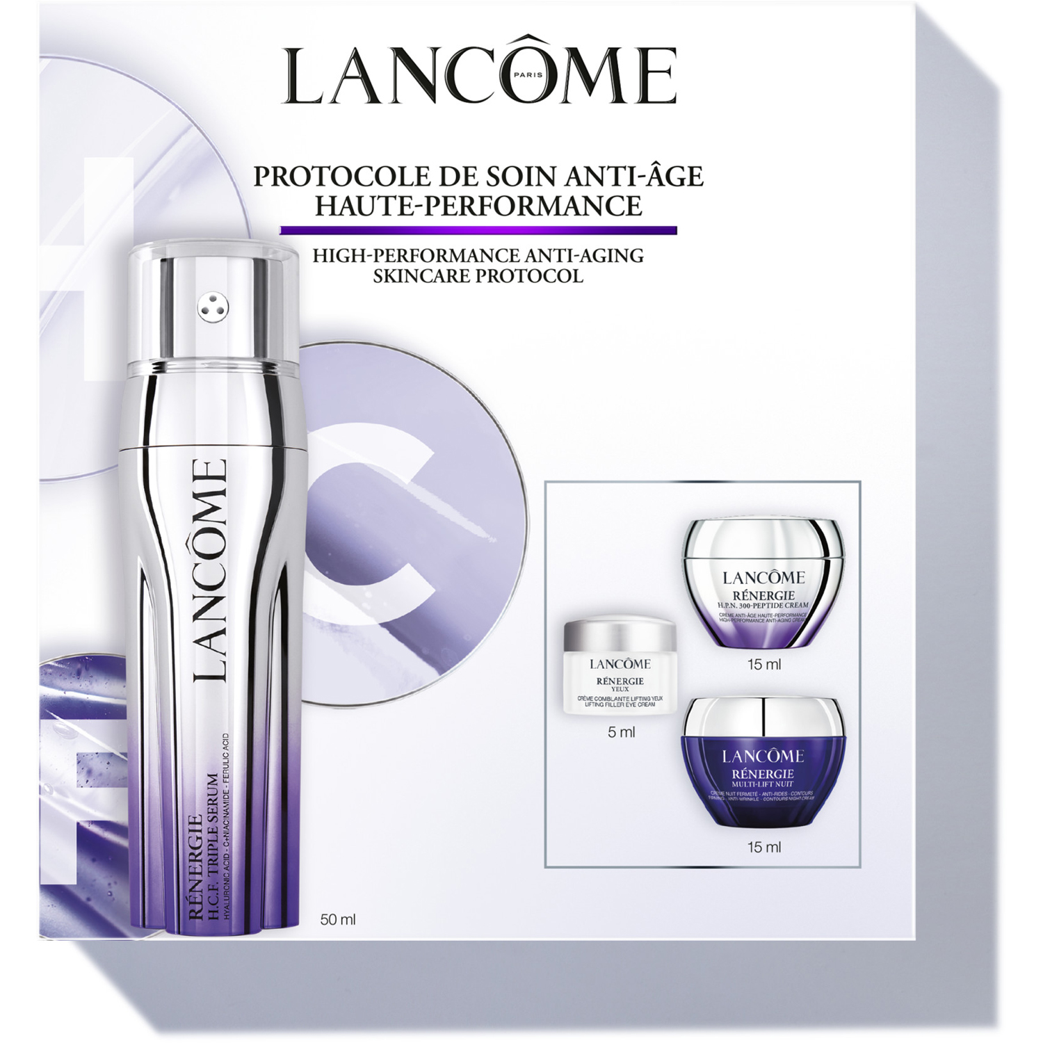 Lancôme Rénergie H.C.F. Triple Serum Face Routine Set 2025: Rénergie H.C.F. Triple Serum 50ml, Rénergie H.P.N. 300-Peptide Cream 15ml, Rénergie Night Cream 15ml & Rénergie Eye Cream 5ml